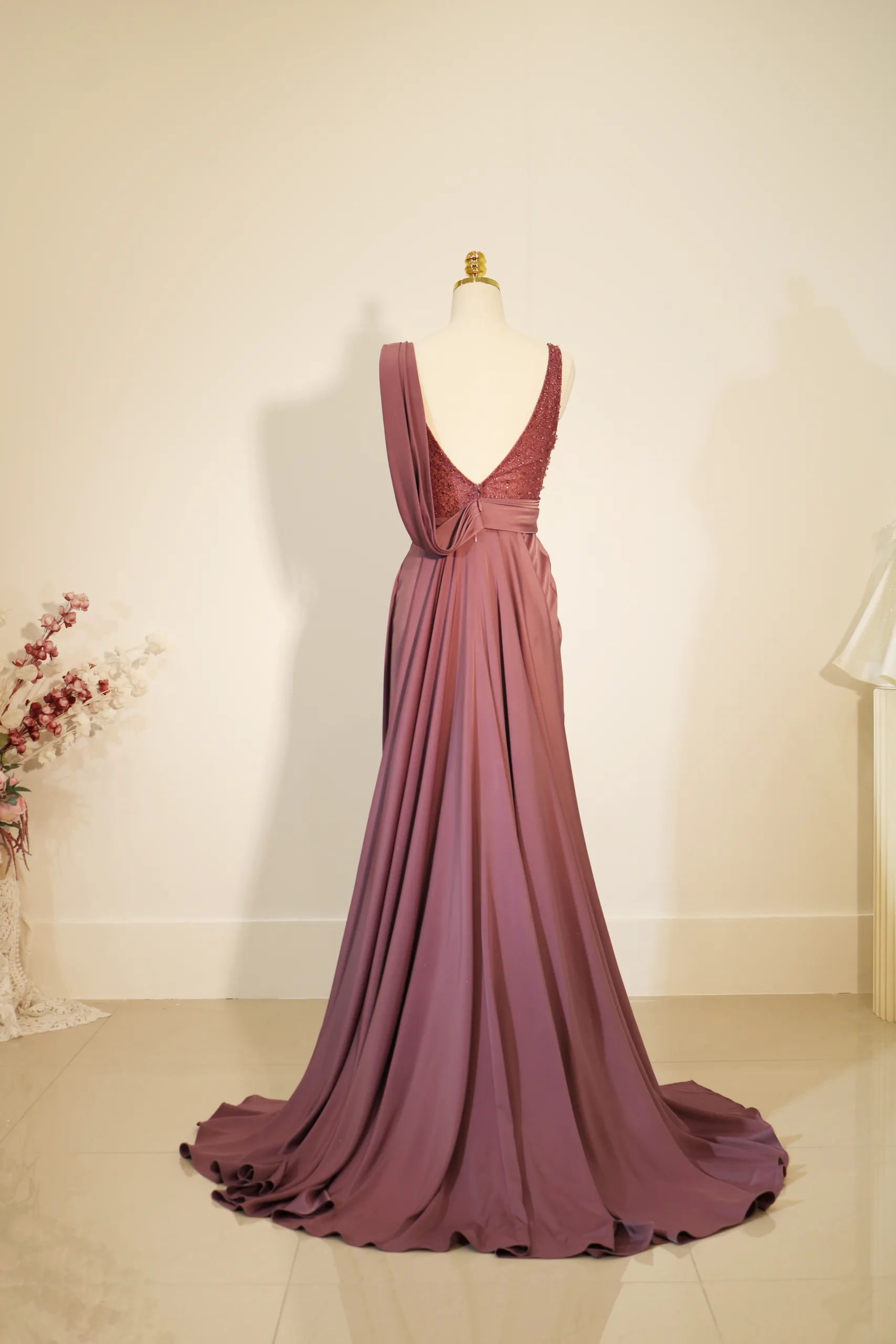 violet robe de soirée dos