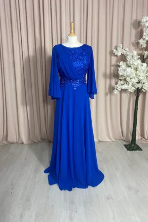 robe longue, bleu royale en mousseline