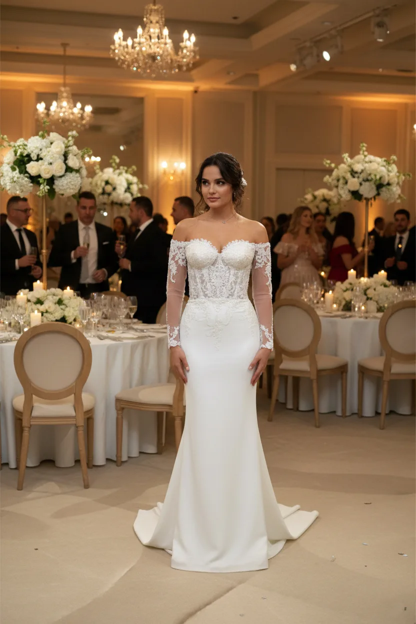 Robe de mariée sirène dentelle manche longue – Image 2