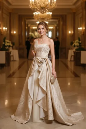 Robe longue, bustier, brocard atypique