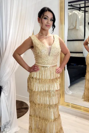 Robe de soirée longue dorée à franges et perles – Élégance Art Déco et allure glamour