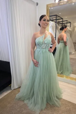 Robe de Soirée Asymétrique à Bretelle Fine Une Épaule, Corsage Fleuri et Jupe en Tulle Fendue