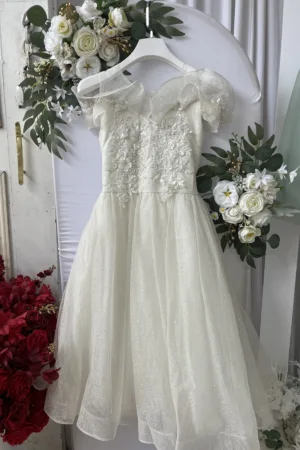 Étoile de Cristal - Robe enfant blanche à paillettes et broderies florales