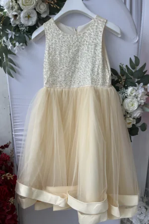 Robe cérémonie fille crème perlée en tulle – Robe princesse élégante pour mariage, baptême et anniversaire