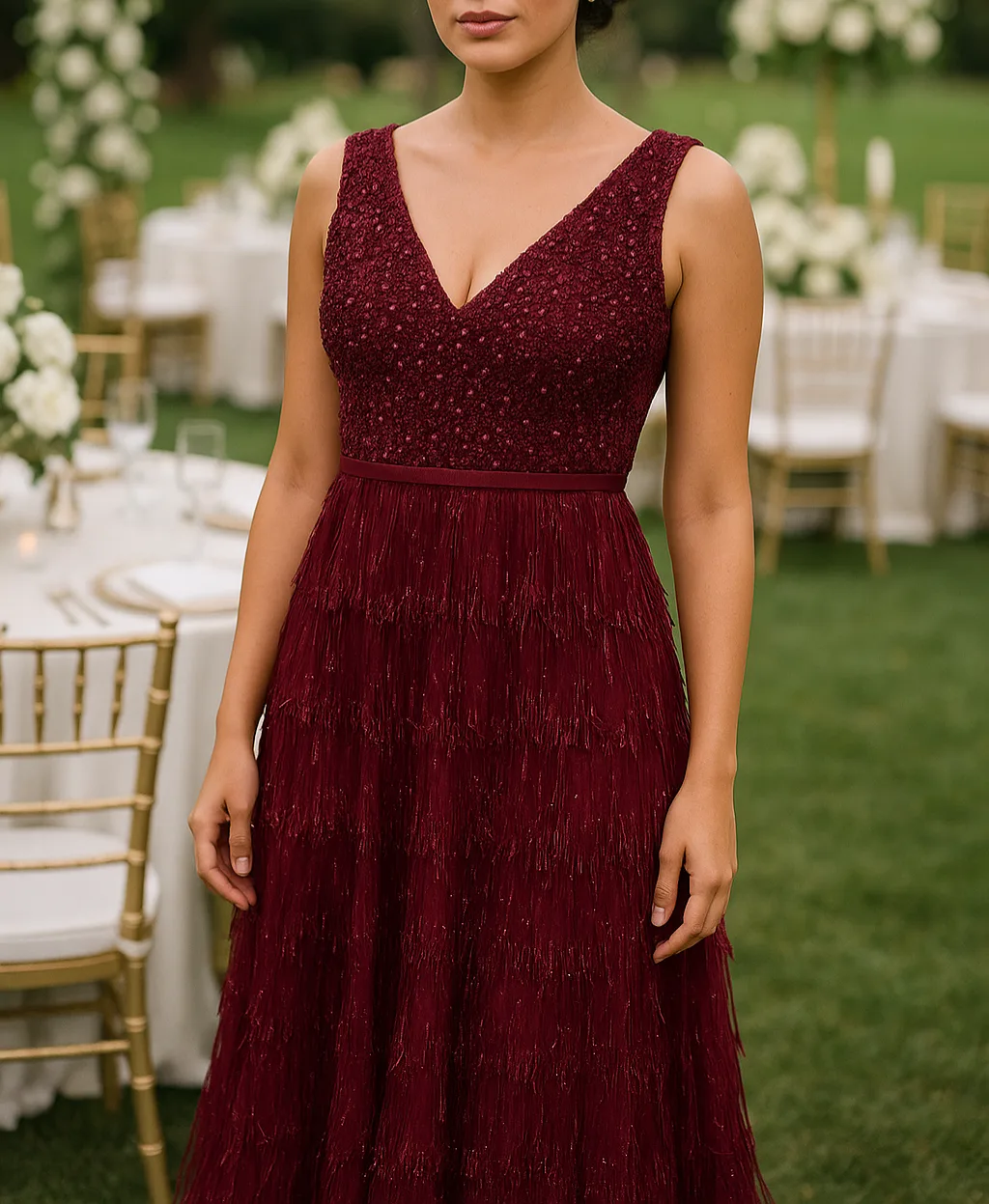 Robe de soirée longue dorée à franges et perles – Élégance Art Déco et allure glamour – Image 4