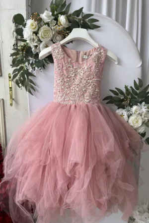 robe de cérémonie fille rose poudré et tulle