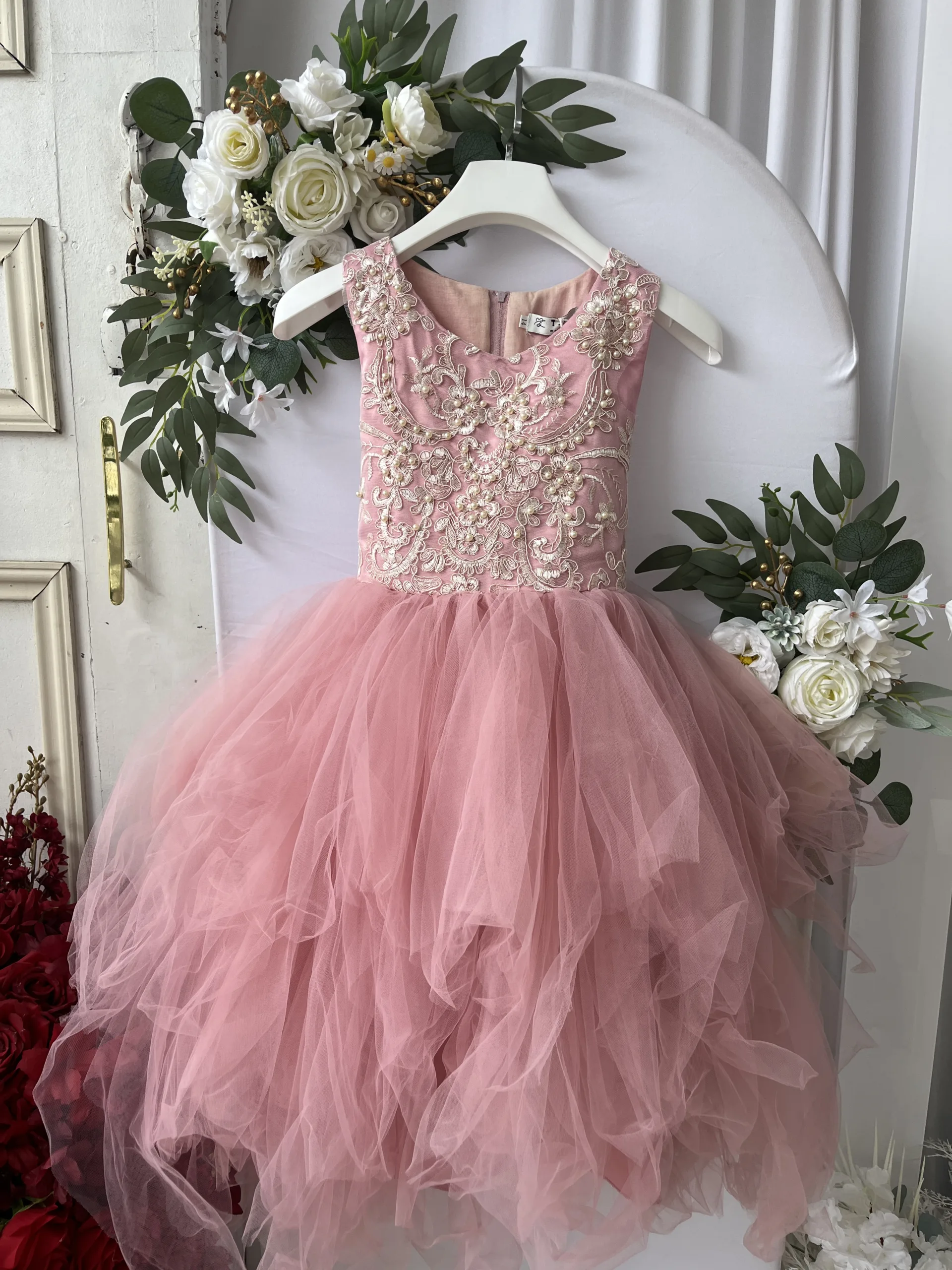 robe de cérémonie fille rose poudré et tulle