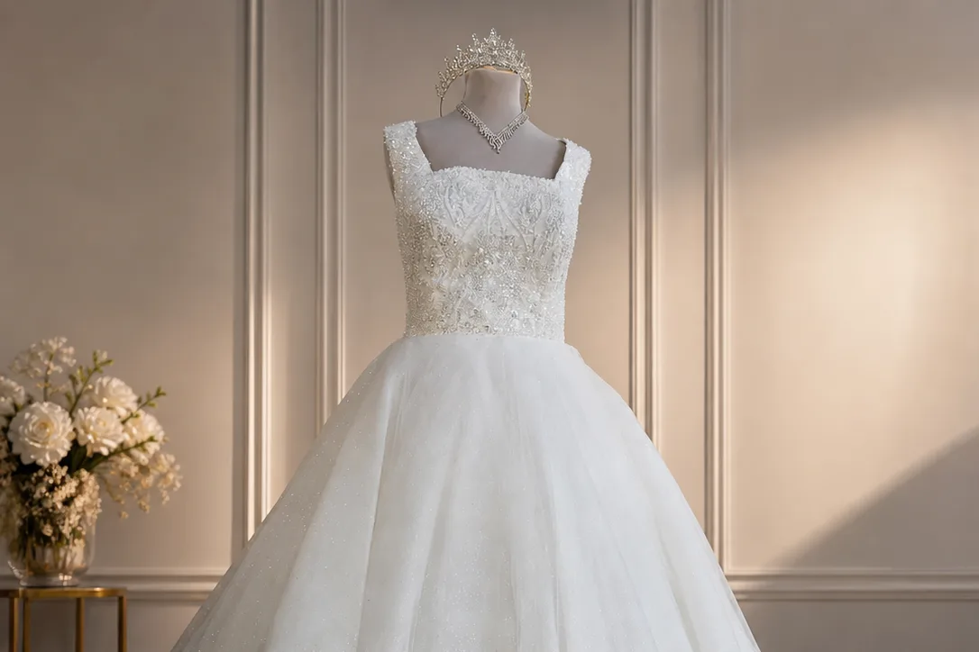 robe de mariée création princesse en tulle pailleté